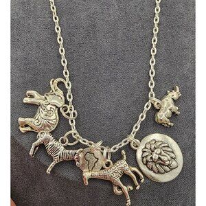 Vintage Silver Safari Animal Charm Necklace With Elephant Zebra Giraffe Rhino